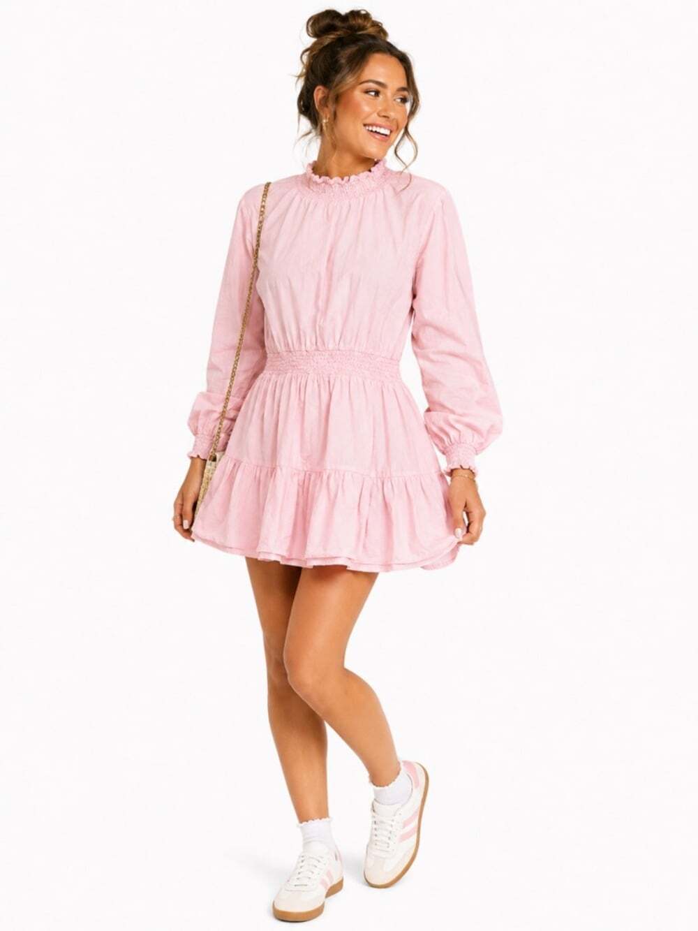 Nasty Gal Pink Ruffle Neck Long Sleeve Mini Dress Smocked Womens Size 8
